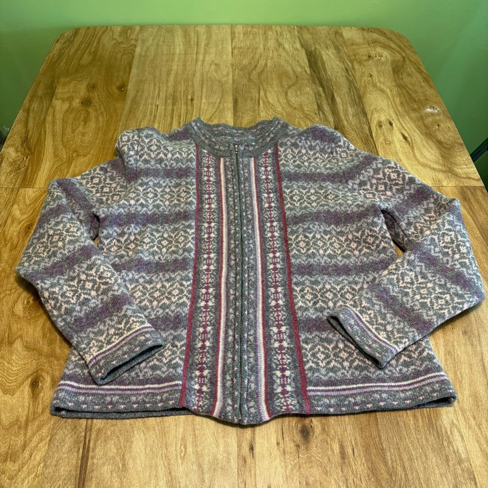 Eagles Eye 100% Lambswool Full Zip Sweater Geometric Stripes Womens Size XL